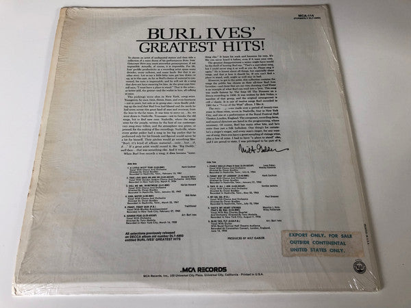 Burl Ives : Burl Ives' Greatest Hits! (LP, Comp, RE)
