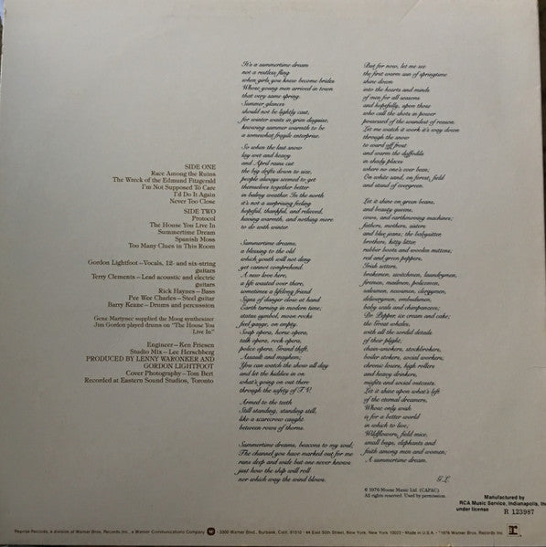 Gordon Lightfoot : Summertime Dream (LP, Album, Club)
