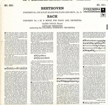 Glenn Gould, Leonard Bernstein Conducting The Columbia Symphony Orchestra - Beethoven* / Bach* : Concerto No. 2 In B-Flat Major For Piano And Orchestra, Op. 19 / Concerto No. 1 In D Minor For Piano And Orchestra (LP, Album, Mono, No )