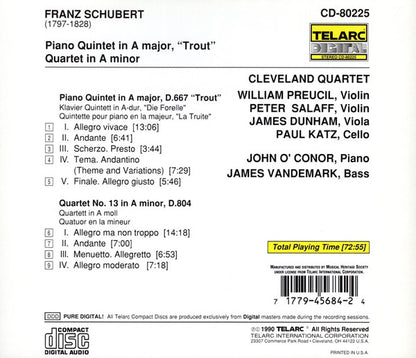 Schubert*, Cleveland Quartet*, John O'Conor, James VanDemark : Trout Quintet / Quartet In A Minor (CD, Album, RE)