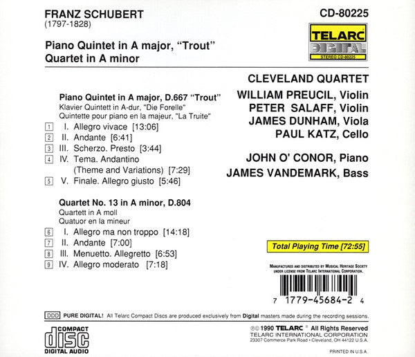 Schubert*, Cleveland Quartet*, John O'Conor, James VanDemark : Trout Quintet / Quartet In A Minor (CD, Album, RE)