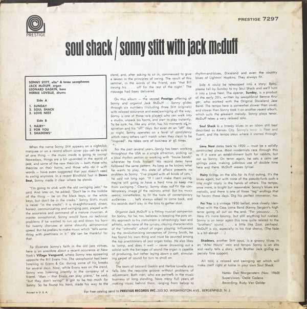 Sonny Stitt With Jack McDuff* : Soul Shack (LP, Album, Mono)