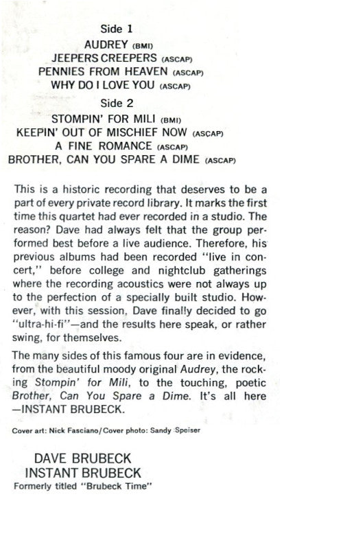 Dave Brubeck : Instant Brubeck (LP, Album, RE)