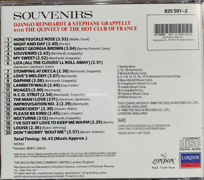 Django Reinhardt & Stephane Grappelly* With The Quintet Of The Hot Club Of France* : Souvenirs (CD, Comp, Mono, Club, RE)