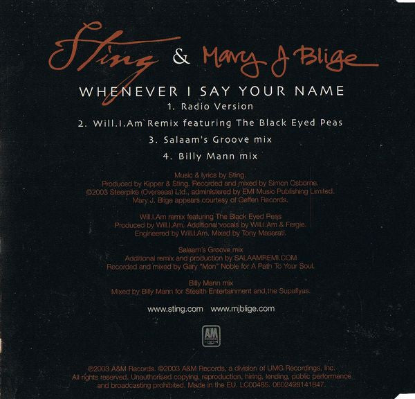 Sting & Mary J Blige* : Whenever I Say Your Name (CD, Maxi)