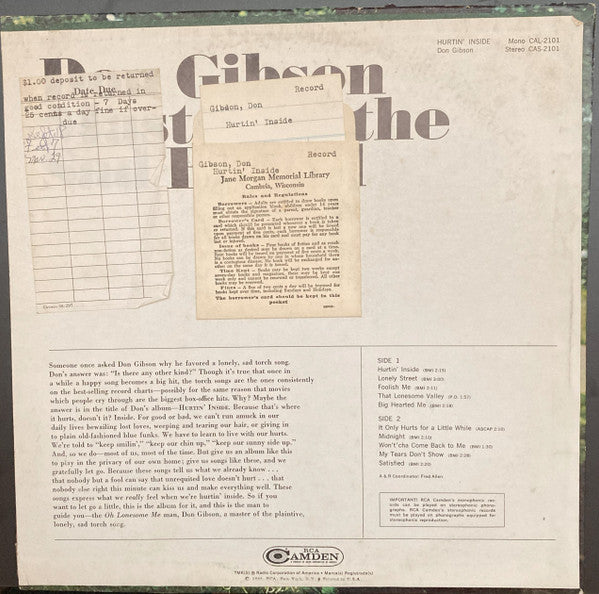 Don Gibson : Hurtin' Inside (LP, Comp, Mono, Ind)