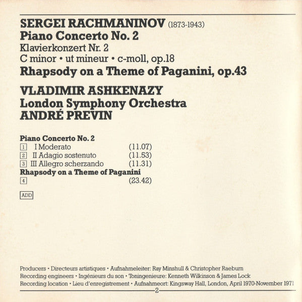 Rachmaninov* – Vladimir Ashkenazy, London Symphony Orchestra / André Previn : Piano Concerto No. 2 • Rhapsody On A Theme Of Paganini (CD, Album, RE, RM, ADR)