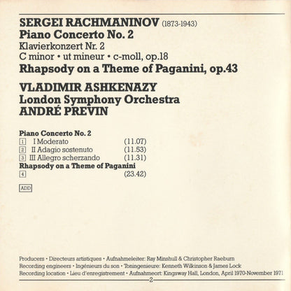 Rachmaninov* – Vladimir Ashkenazy, London Symphony Orchestra / André Previn : Piano Concerto No. 2 • Rhapsody On A Theme Of Paganini (CD, Album, RE, RM, ADR)