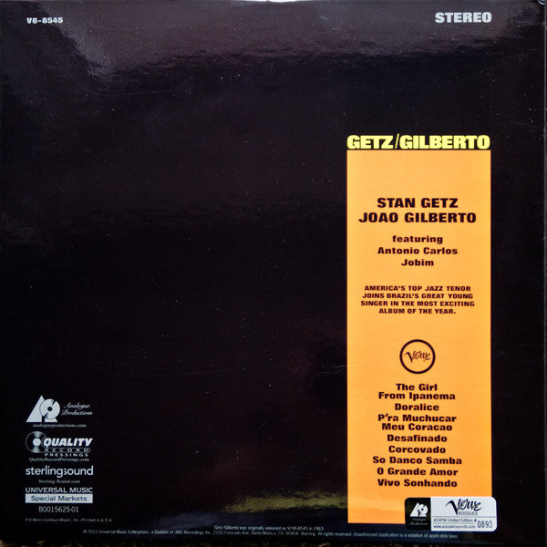 Stan Getz / João Gilberto Featuring Antonio Carlos Jobim : Getz / Gilberto (2x12", Album, Ltd, Num, RE, RM, 200)
