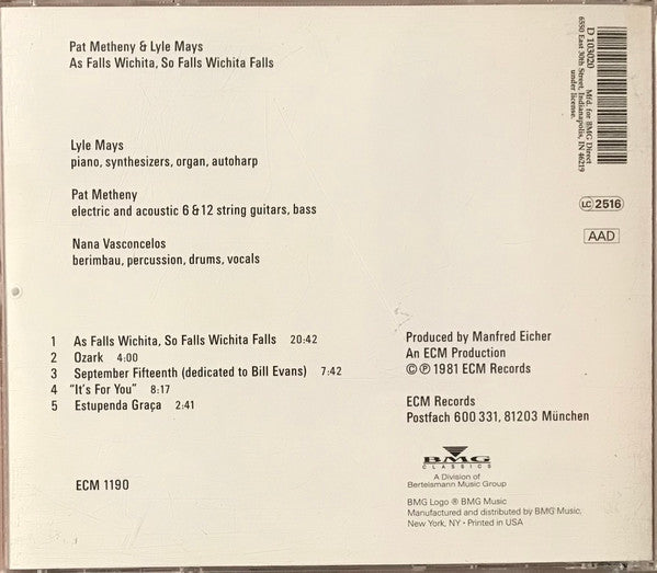 Pat Metheny & Lyle Mays : As Falls Wichita, So Falls Wichita Falls (CD, Album, Club, RE, BMG)
