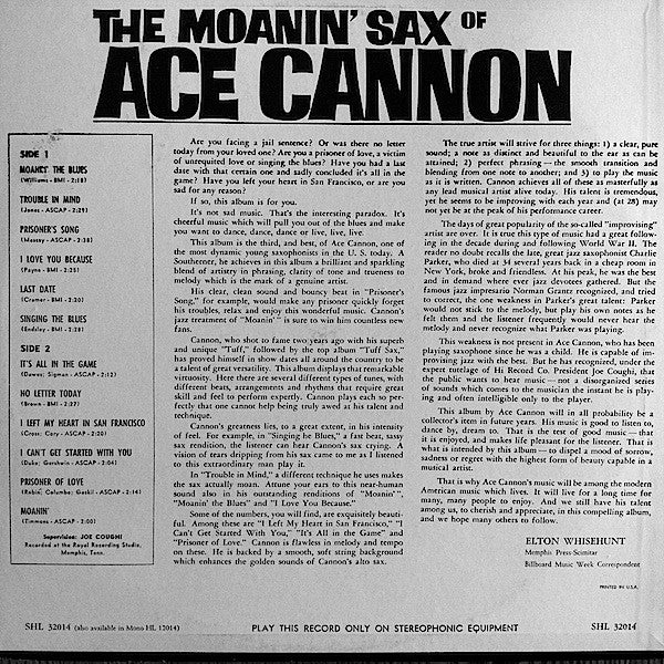 Ace Cannon : The Moanin' Sax Of Ace Cannon (LP, Album)