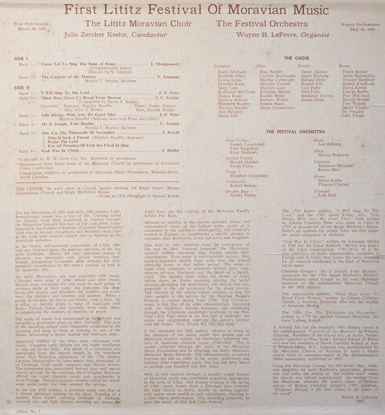 The Lititz Moravian Choir : First Lititz Festival Of Moravian Music (LP)