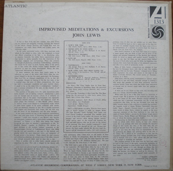 John Lewis (2) : Improvised Meditations & Excursions (LP, Album, Mono)