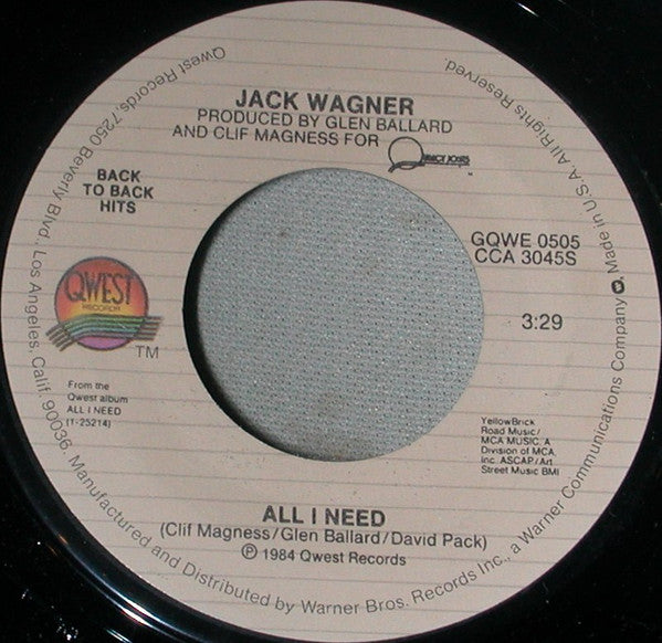 Jack Wagner : All I Need (7", Single, RE)