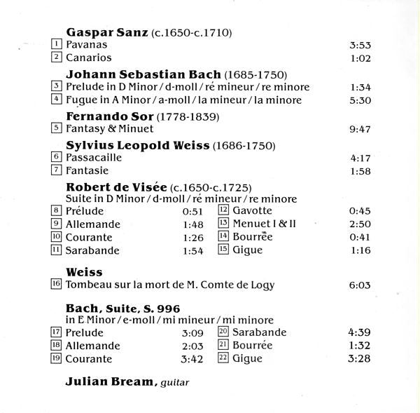 Julian Bream - Bach* • Sanz* • Sor* • Visée* • Weiss* : Baroque Guitar (CD, Album, RE, RP)