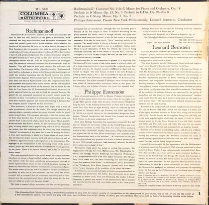 Rachmaninoff* : Philippe Entremont, Leonard Bernstein, New York Philharmonic : Concerto No. 2 / Three Preludes For Piano:  No. 3 In D Minor, Op. 23 /  No. 6 In E-Flat Major, Op. 23 / No. 2 In C-Sharp Minor, Op. 3 (LP, Mono)