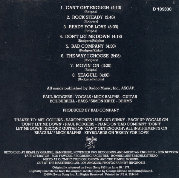 Bad Company (3) : Bad Company (CD, Album, Club, RE, RM)