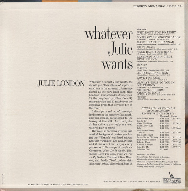 Julie London : Whatever Julie Wants (LP, Album, Mono, Ind)