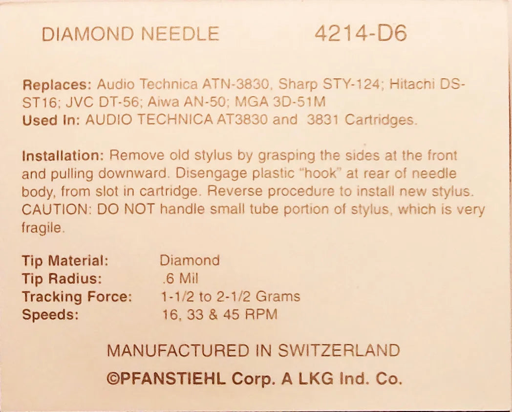 4214-D6 Pfanstiehl * Audio Technica ATN3830 Elliptical Stylus