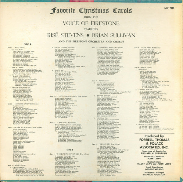 Risë Stevens, Brian Sullivan (4), The Firestone Orchestra And Chorus : Favorite Christmas Carols From The Voice Of Firestone (LP, Album, Mono, Hol)