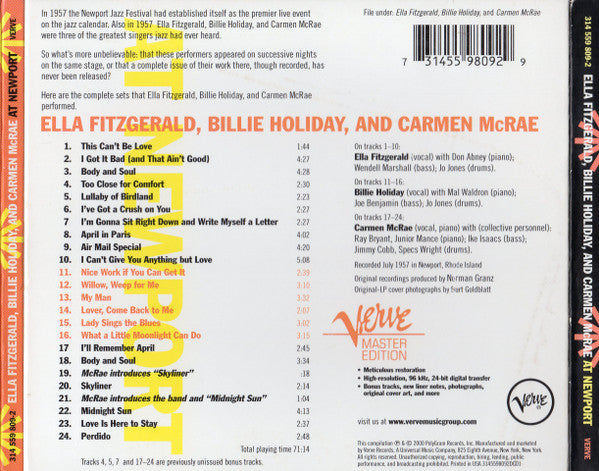 Ella Fitzgerald, Billie Holiday And Carmen McRae : At Newport (CD, Album, RE, RM, Dig)