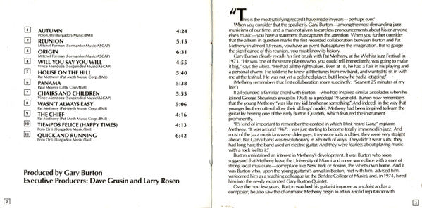 Gary Burton : Reunion (CD, Album)