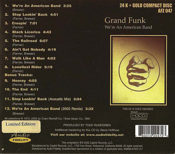 Grand Funk Railroad : We're An American Band (HDCD, Album, Comp, Ltd, Num, RM, 24k)