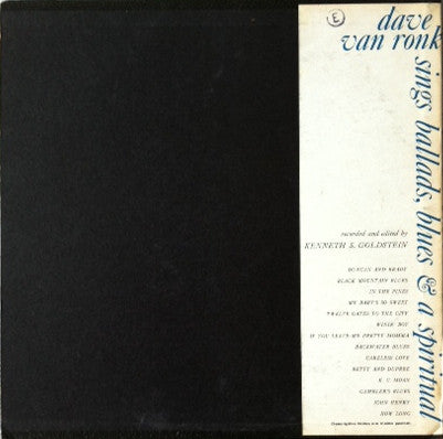 Dave Van Ronk : Dave Van Ronk Sings Ballads, Blues & A Spiritual (LP, Mono)