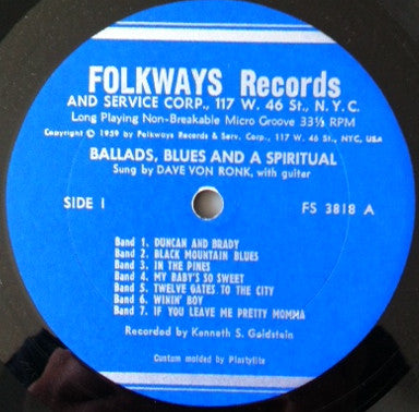 Dave Van Ronk : Dave Van Ronk Sings Ballads, Blues & A Spiritual (LP, Mono)