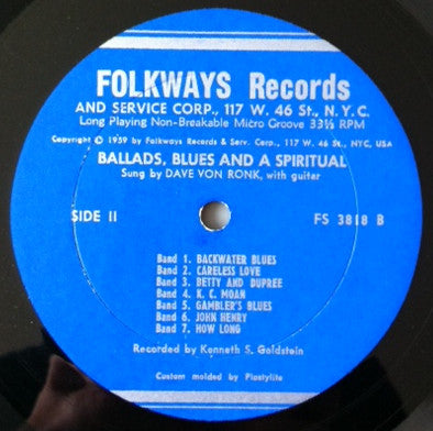 Dave Van Ronk : Dave Van Ronk Sings Ballads, Blues & A Spiritual (LP, Mono)