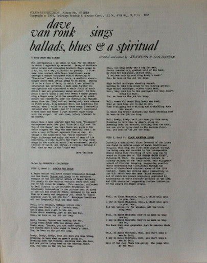 Dave Van Ronk : Dave Van Ronk Sings Ballads, Blues & A Spiritual (LP, Mono)