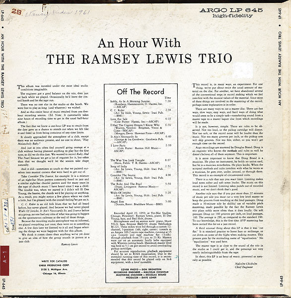 The Ramsey Lewis Trio : An Hour With The Ramsey Lewis Trio (LP, Album, Mono, RP, Gre)