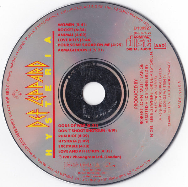 Def Leppard : Hysteria (CD, Album, Club)