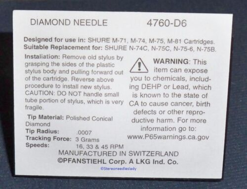 4760-D6 Pfanstiehl * Shure N-75 Stylus