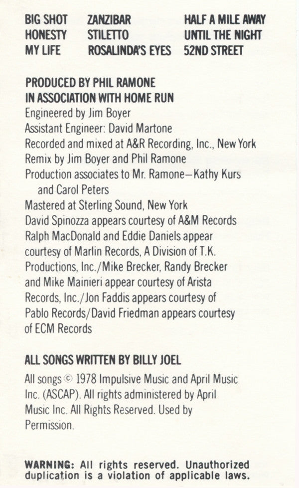 Billy Joel : 52nd Street (Cass, Album, Bei)