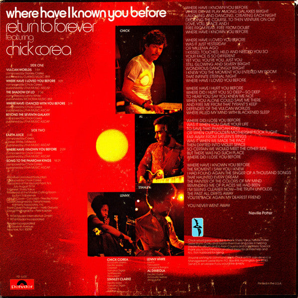 Return To Forever Featuring Chick Corea : Where Have I Known You Before (LP, Album, San)