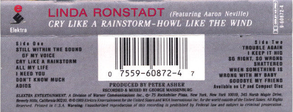Linda Ronstadt Featuring Aaron Neville : Cry Like A Rainstorm - Howl Like The Wind (Cass, Album)