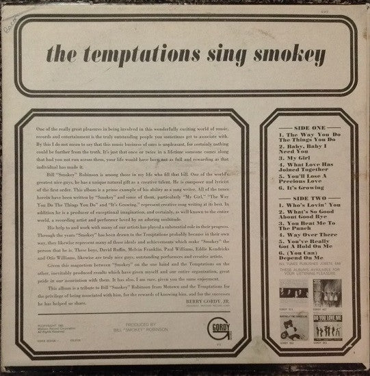 The Temptations : The Temptations Sing Smokey (LP, Album, Mono, Roc)