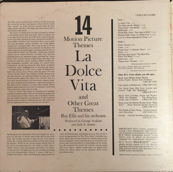 Ray Ellis And His Orchestra : La Dolce Vita And Other Great Motion Picture Themes (LP, Album, RE)