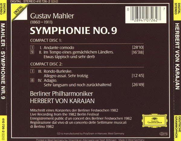 Mahler* – Berliner Philharmoniker, Karajan* : Symphonie No. 9 (2xCD, Album)