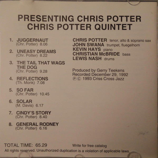 Chris Potter Quintet : Presenting Chris Potter (CD, Album)