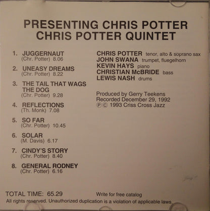 Chris Potter Quintet : Presenting Chris Potter (CD, Album)