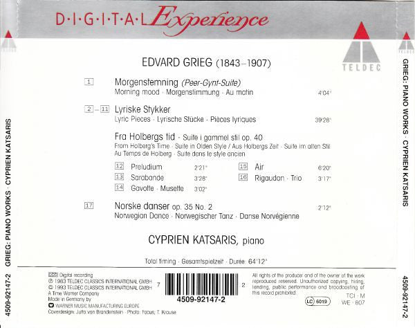 Grieg* : Cyprien Katsaris : Piano Works (Lyric Pieces · Morning Mood · Holberg Suite) (CD, Album, RE)