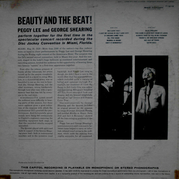 Peggy Lee / George Shearing : Beauty And The Beat! (Recorded Live At The National Disc Jockey Convention In Miami, Florida) (LP, Album, Mono, Ind)