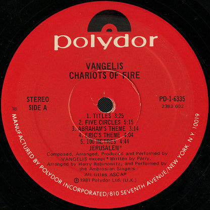 Vangelis : Chariots Of Fire (LP, Album, 18 )
