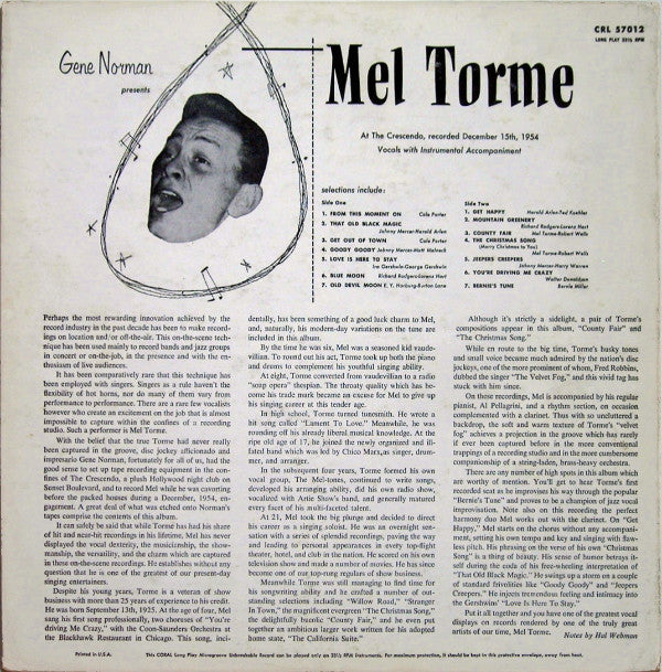 Mel Tormé : Gene Norman Presents Mel Torme At The Crescendo (LP, Album)