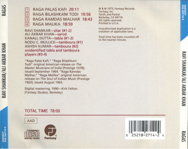 Ravi Shankar / Ali Akbar Khan : Ragas (CD, Comp, RE, RM)
