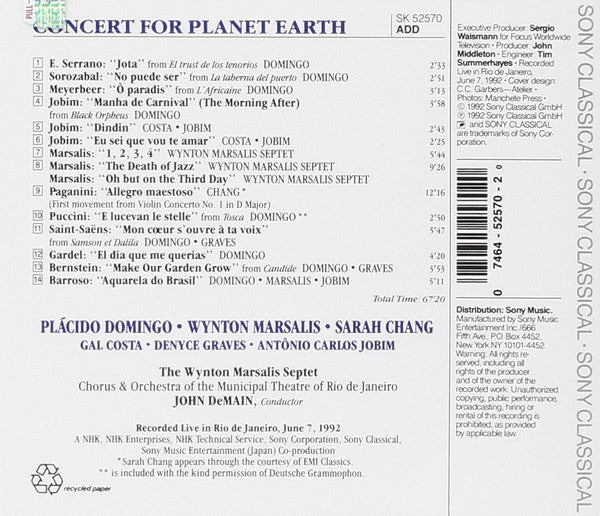 Placido Domingo, Wynton Marsalis, Sarah Chang, Gal Costa, Denyce Graves, Antonio Carlos Jobim : Concert For Planet Earth: Rio De Janeiro 1992 (CD)
