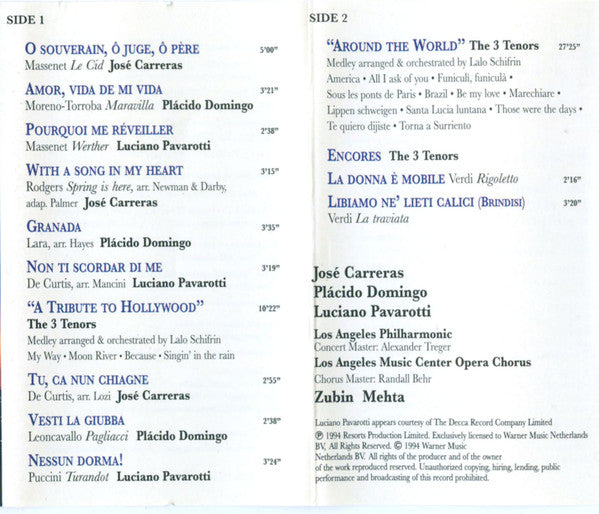 Carreras* - Domingo* - Pavarotti* With Mehta* : The 3 Tenors In Concert 1994 (Cass, Album)