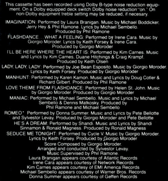 Various : Flashdance (Original Soundtrack From The Motion Picture) (Cass, Album, 72,)